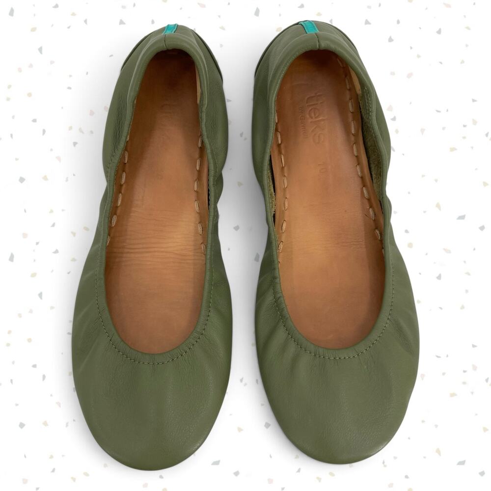Tieks Olive Green Leather Ballet Shoes Folding Flats Office Work Fall Size 10